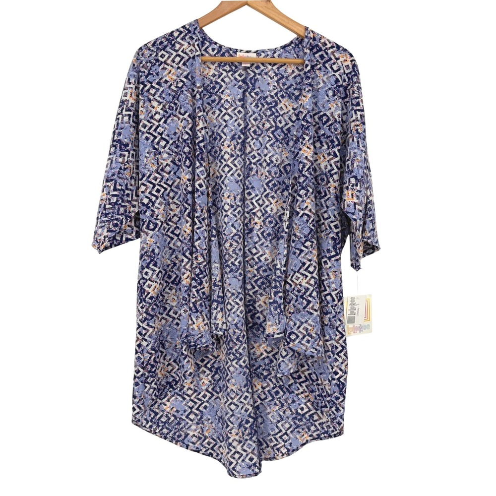 LuLaRoe Lindsay Kimono Cardigan Geometric Diamond Abstract Blue Purple Small - Picture 4 of 7